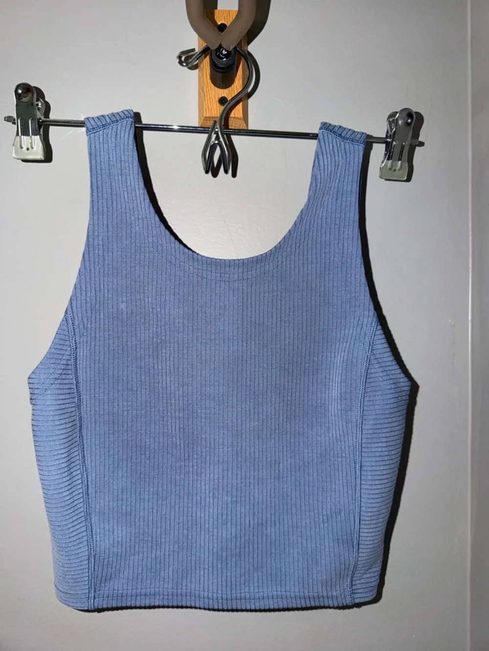 Ribbed V-Neck Crop Tank Top in Dusty Blue
